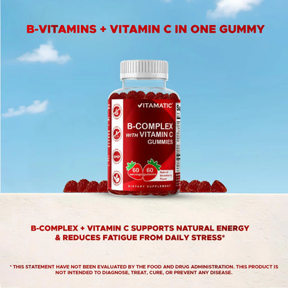 Vitamatic Vitamin B Complex Gummies with Vitamin C & Inositol - Natural Strawberry Flavor - 60 Gummies (1 Bottle) Vitamatic