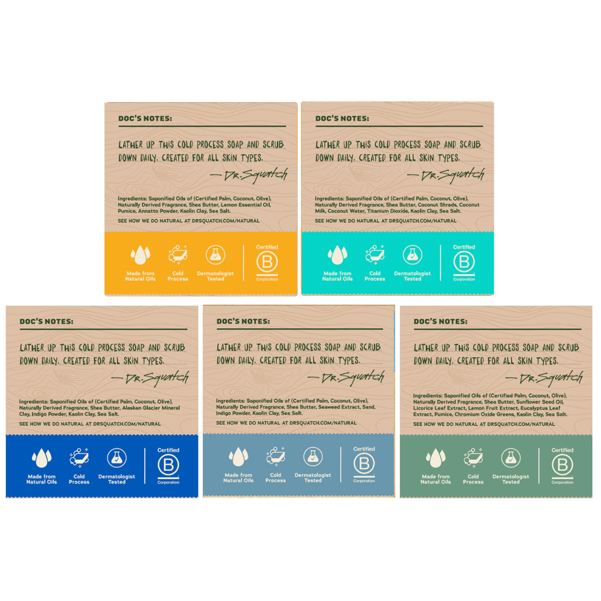 Dr. Squatch Natural Men’s Bar Soap - Cold Process Body Soap Bar with Natural Oils - Gifts for Men - Summer Citrus, Coconut Castaway, Fresh Falls, Coastal Mist & More (5 oz, 5-Pack, Scents May Vary) Dr. Squatch