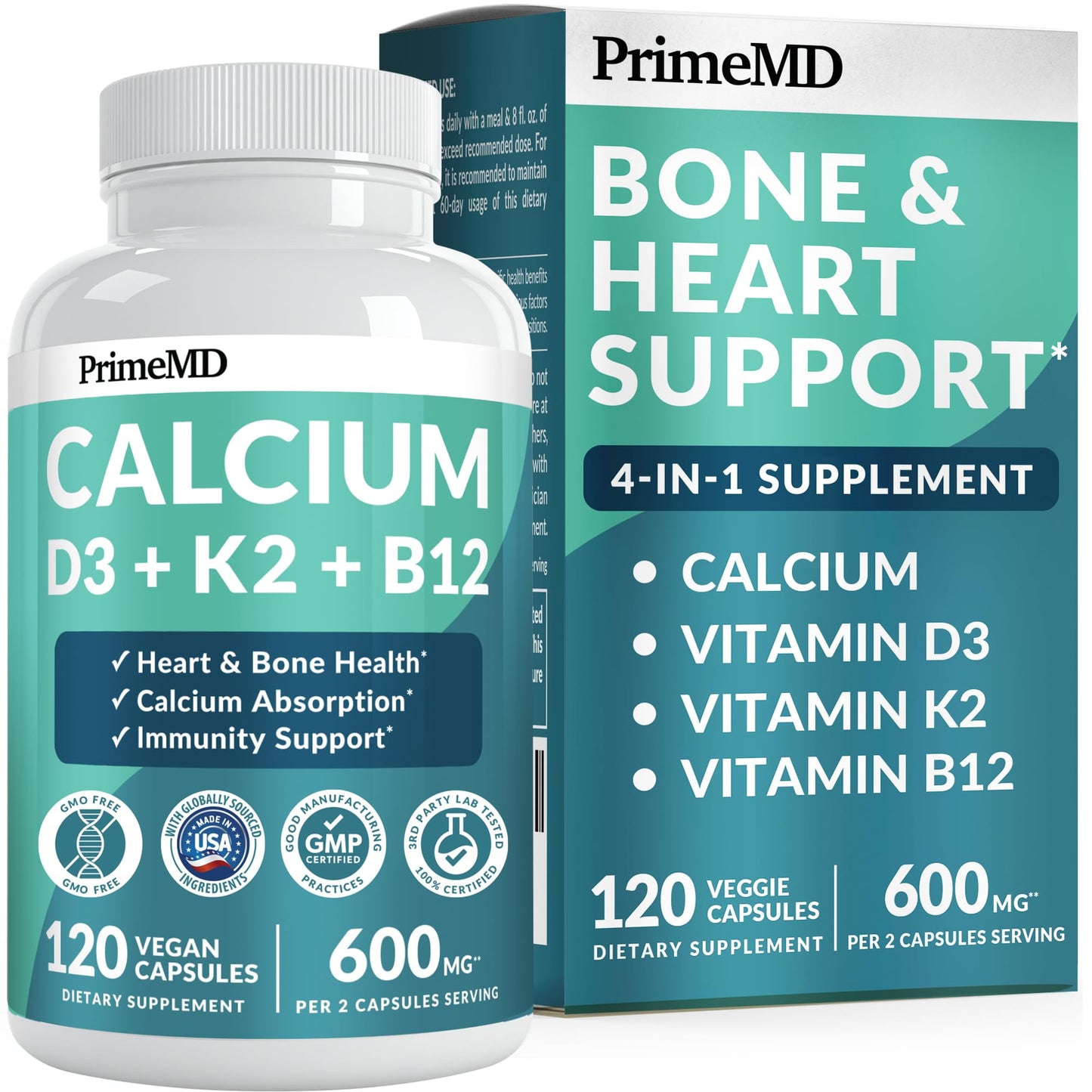4-in-1 Calcium Supplements for Women & Men - Calcium Citrate with D3 K2 Vitamin 5000 IU - Calcium 600mg with Vitamin D3 K2 - Everyday Vitality Supplement - PrimeMD