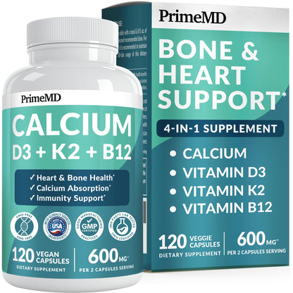4-in-1 Calcium Supplements for Women & Men - Calcium Citrate with D3 K2 Vitamin 5000 IU - Calcium 600mg with Vitamin D3 K2 - Everyday Vitality Supplement - PrimeMD