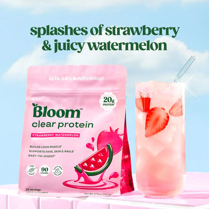 Bloom Clear Protein, Whey Protein Isolate with Collagen Peptides and Digestive Enzymes, 20g Protein, Sugar Free Post Workout Drink Mix, 90 Calories, Bloom Nutrition