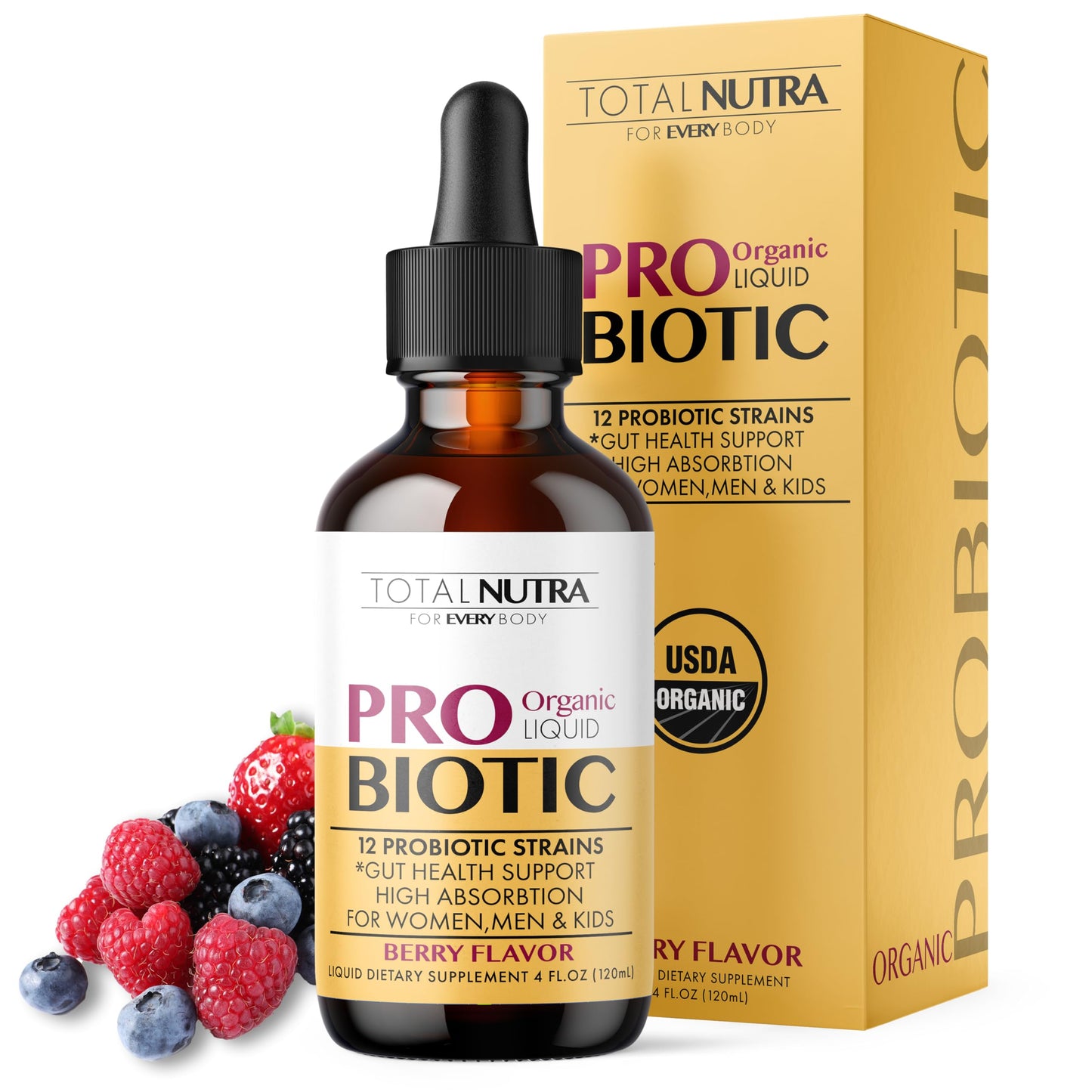 Total Nutra USDA Organic Liquid Probiotic for Kids, Women & Men, Toddler Probiotic Drops with Alfalfa Prebiotic Blend + Acidophilus for Gut Health, Vegan Total Nutra
