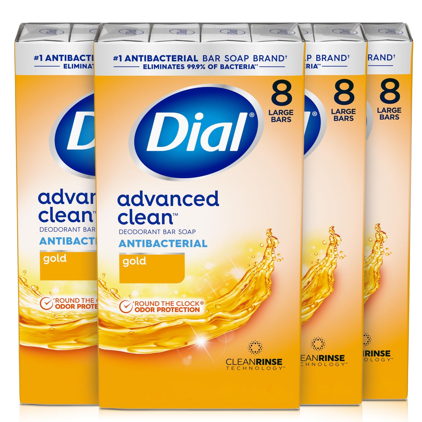 Dial Antibacterial Deodorant Bar Soap, Advanced Clean Gold, 4 Oz, 32 Bars, Round the Clock Odor Protection Dial