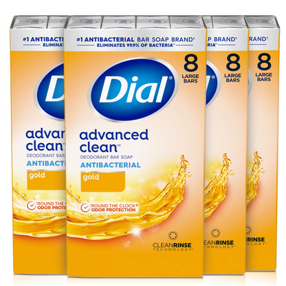 Dial Antibacterial Deodorant Bar Soap, Advanced Clean Gold, 4 Oz, 32 Bars, Round the Clock Odor Protection Dial