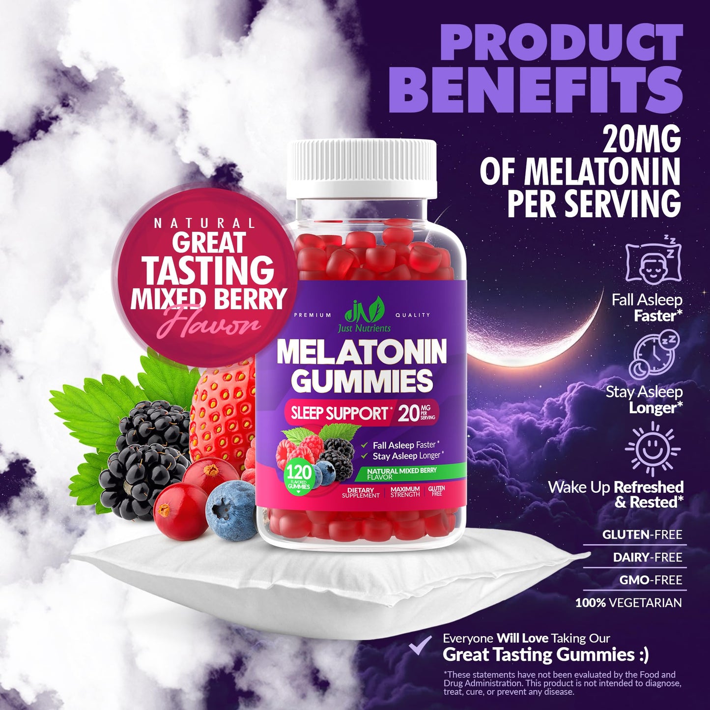 Melatonin 20mg Gummies (120 Count) - Maximum Strength Sleep Support for Adults with 10mg of Melatonin Per Gummy - Gluten-Free, Non-GMO, Vegetarian Just Nutrients
