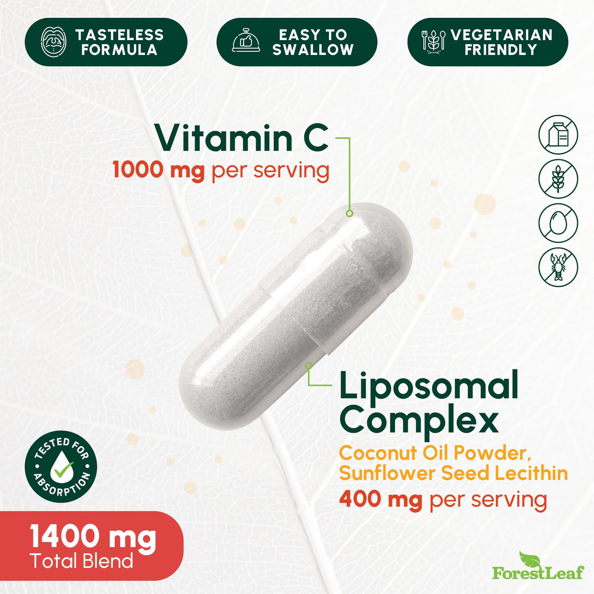 ForestLeaf Liposomal Vitamin C 1400mg Capsules | High Dose Vitamin C Liposomal Supplement w Coconut Oil Fatty Acids | Fast Absorption | Immune Support, ForestLeaf