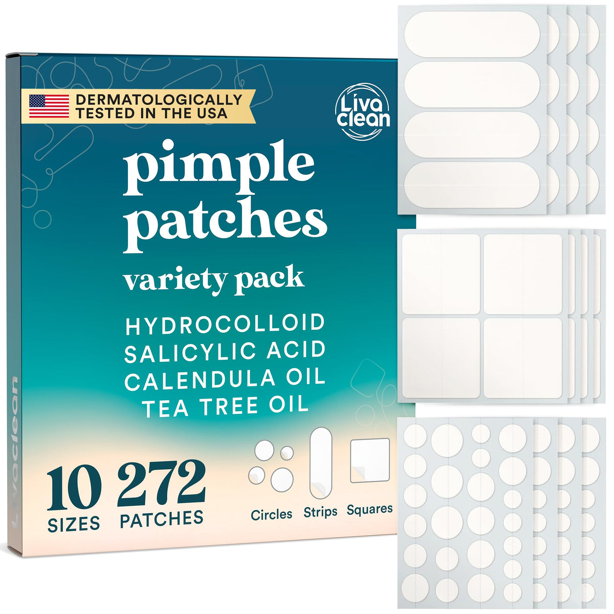 272 CT Large Pimple Patches for Face - 10 Sizes Variety Pack Zit Patches w/ Salicylic Acid, Tea Tree, Calendula Oil - Pimple Patches Large Acne Patches for Face Chin and Body - Dark Spot Patches LivaClean