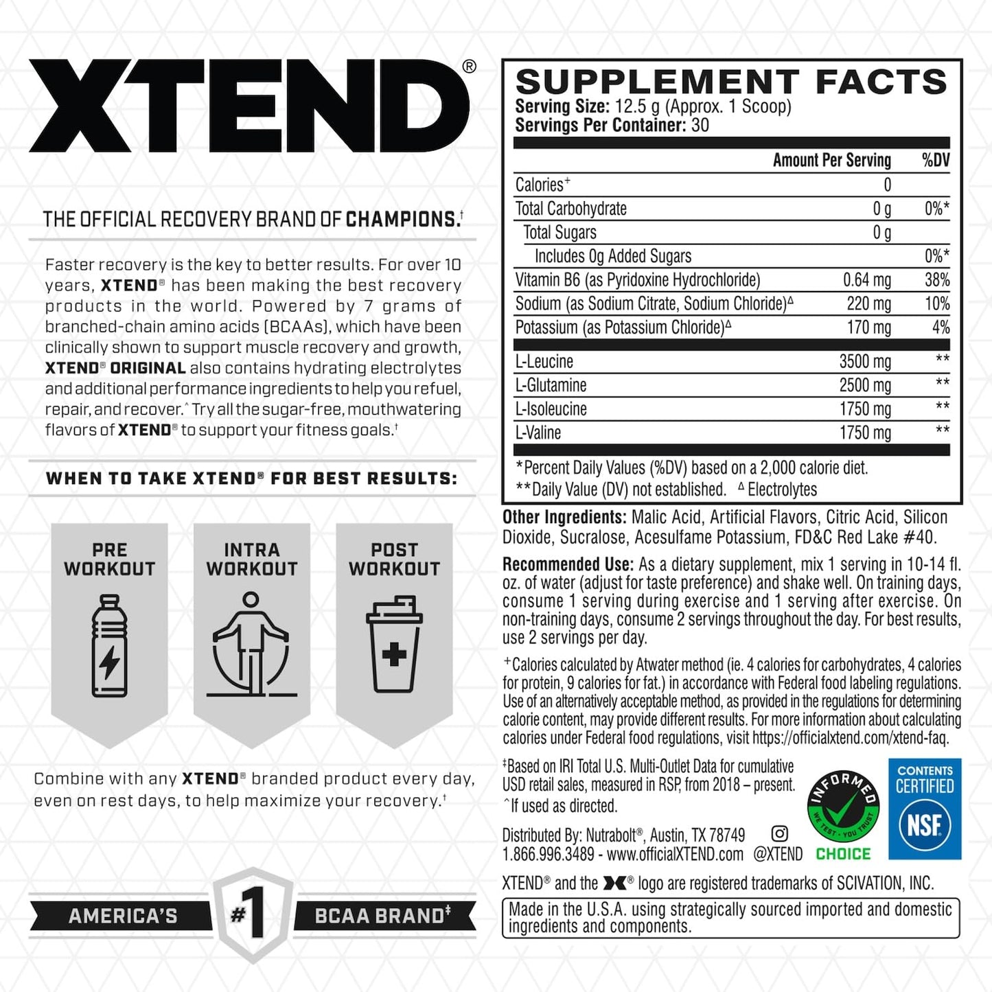 Xtend Original BCAA Powder, 7g BCAAs and 2.5g L-Glutamine for Muscle Recovery Hydration and Lean Muscle, Sugar Free Intra and Post Workout Drink with Electrolytes Xtend