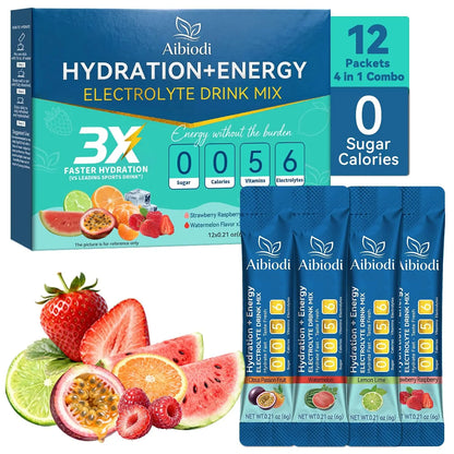 Aibiodi Electrolytes Powder Packets - Sugar Free & Zero Calorie Liquid Daily IV Drink Mix - Instant Hydration & Energy Supplement with 6 Electrolytes and 5 Vitamins Aibiodi