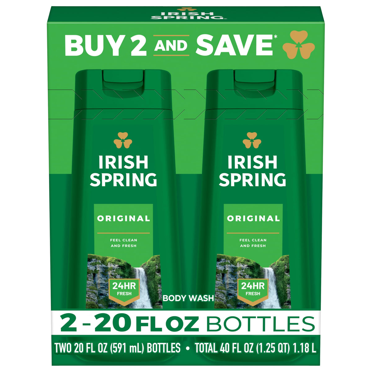Irish Spring Original Moisturizing Body Wash for Men, 24-Hour Fresh, Face and Body Wash, Men’s Body Wash, Biodegradable Ingredients, Paraben Free, Cool Fresh Scent, 20 fl oz Bottle (2 Pack) Irish Spring