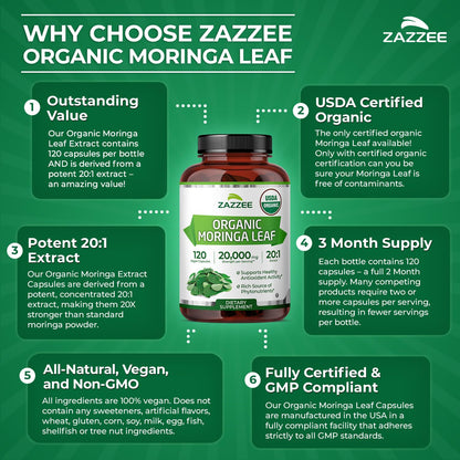 Zazzee USDA Organic Moringa Leaf 20:1 Extract, 180 Vegan Capsules | 3 Month Supply, Certified Kosher, Moringa Oleifera, Antioxidant, Immune & Cellular Support, Superfood Supplement, Made in USA Gsupps Australia