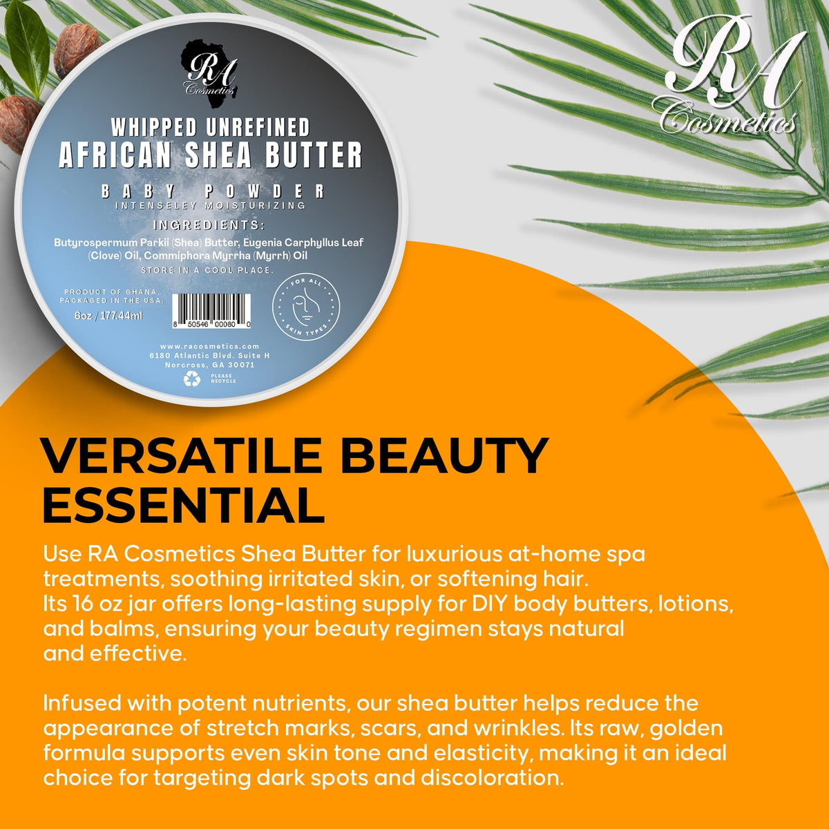 RA Cosmetics Whipped Shea Butter Baby Powder - 6oz | 100% Pure & Natural African Shea Butter for Men & Women - Ultimate Handcrafted Moisturizer with Essential Vitamins for Radiant Skin & Luscious Hair RA COSMETICS