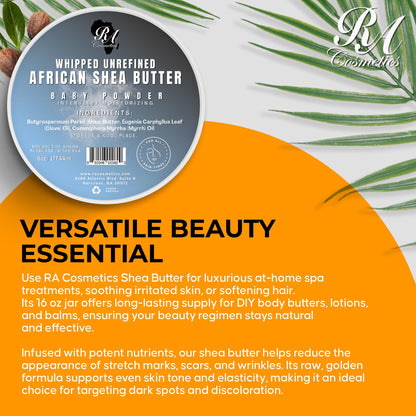 RA Cosmetics Whipped Shea Butter Baby Powder - 6oz | 100% Pure & Natural African Shea Butter for Men & Women - Ultimate Handcrafted Moisturizer with Essential Vitamins for Radiant Skin & Luscious Hair RA COSMETICS