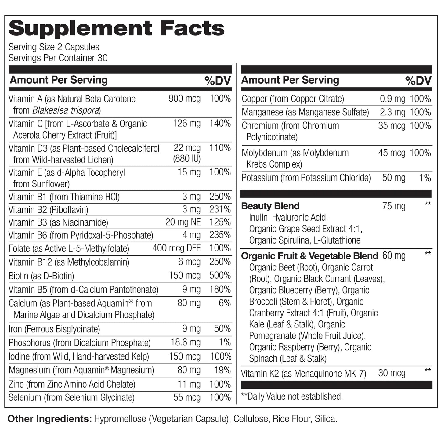 NATURELO Whole Food Multivitamin with Extra Hair, Skin and Nails Support - Beauty Blend with Hyaluronic Acid & Grape Seed - High Potency Biotin, Vitamin C NATURELO