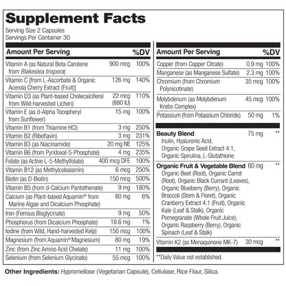 NATURELO Whole Food Multivitamin with Extra Hair, Skin and Nails Support - Beauty Blend with Hyaluronic Acid & Grape Seed - High Potency Biotin, Vitamin C NATURELO