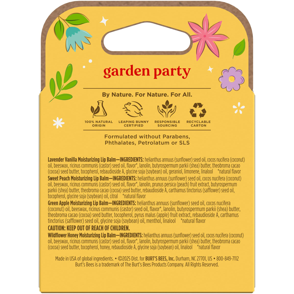 Burt's Bees Gifts Ideas - Garden Party Lip Balm Set, Lavender Vanilla, Sweet Peach, Green Apple, Wildflower Honey, With Responsibly Sourced Beeswax, Natural Origin Lip Treatment, 0.15 oz., Four Tubes Burt's Bees