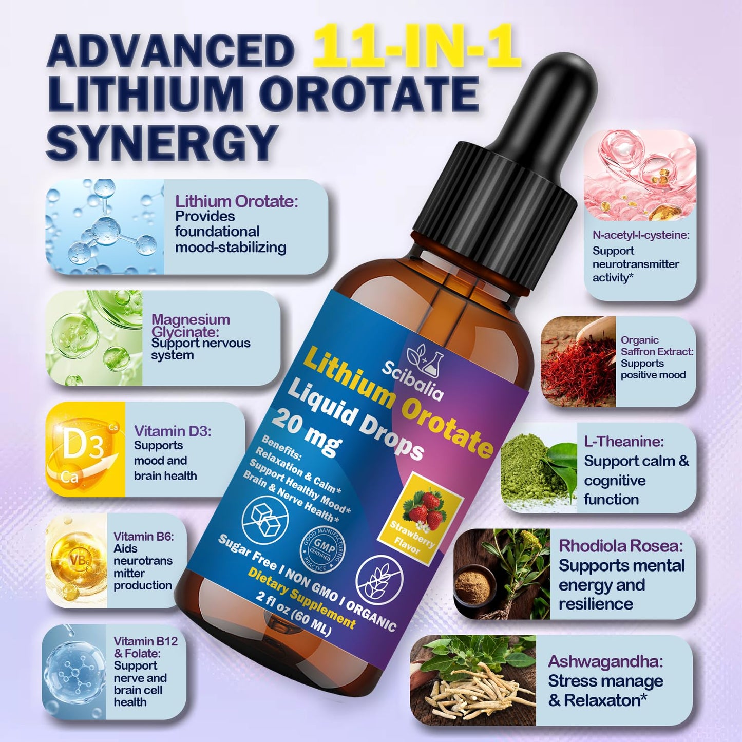 Scibalia Lithium Orotate Liquid Drops 20mg, Potency 11-in-1 Lithium Supplement w. NAC Magnesium Ashwagandha Theanine Vitamin D3 B6 B12 for Memory Brain Mood Cognitive Support, Scibalia