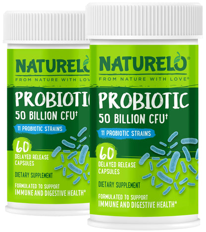 NATURELO Probiotics for Digestive Health - 50 Billion CFU, 11 Strains, Daily Use Supplement - Boosts Immune System, Delayed Release, NATURELO