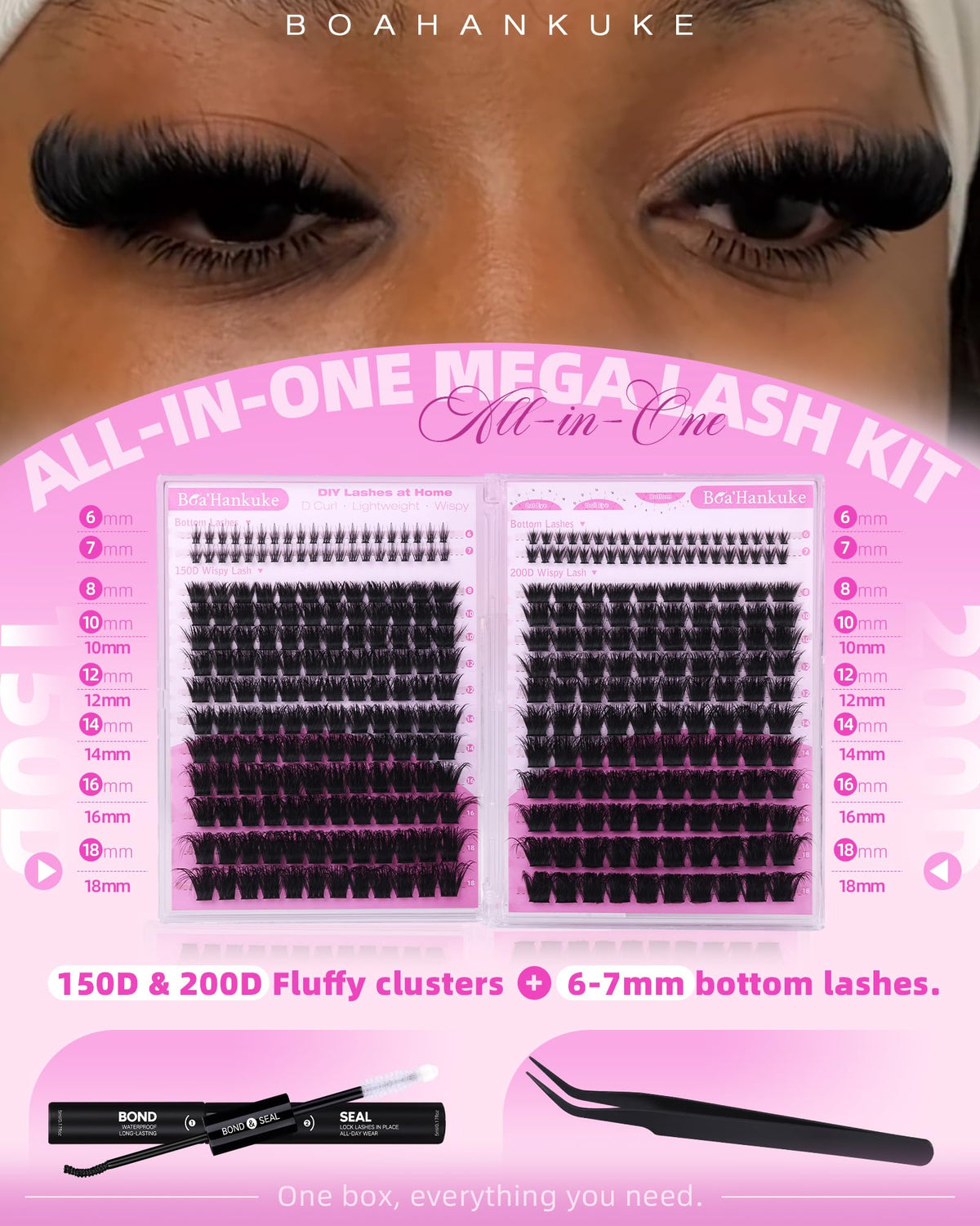 Fluffy Lash Clusters Kit with Bottom Lashes Volume Eyelash Extension Kit 150D+200D Thick Eyelash Clusters Kit 8-18MM Wispy Individual Lashes with Waterproof Lash Bond&Seal D Curl Lash Extension kit Boahankuke