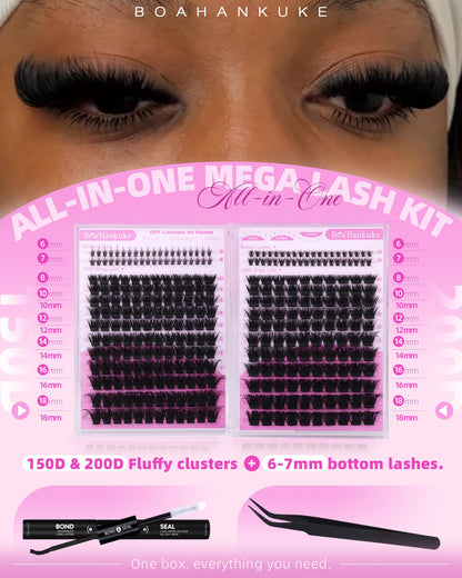 Fluffy Lash Clusters Kit with Bottom Lashes Volume Eyelash Extension Kit 150D+200D Thick Eyelash Clusters Kit 8-18MM Wispy Individual Lashes with Waterproof Lash Bond&Seal D Curl Lash Extension kit Boahankuke