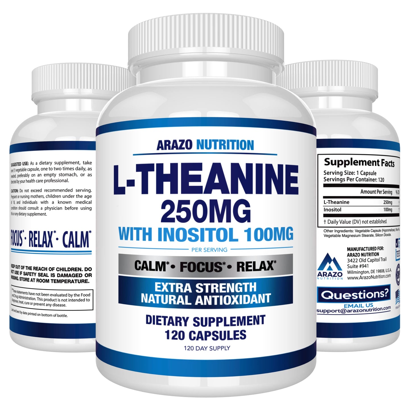 Arazo Nutrition L-Theanine 250mg (Extra Strength) with Inositol 100mg Per Serving, 120 Capsules Vegetarian Gsupps Australia