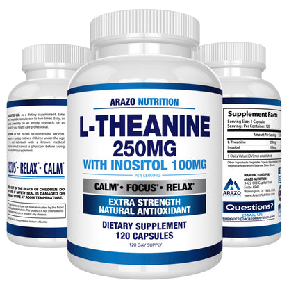 Arazo Nutrition L-Theanine 250mg (Extra Strength) with Inositol 100mg Per Serving, 120 Capsules Vegetarian Gsupps Australia