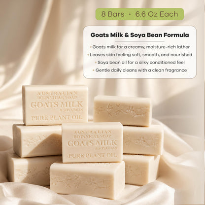 Australian Botanical Soap 6.6 OZ, Pack of 8, Goat Milk Soap Bars with Soya Bean Oil, Enriched with Organic Shea Butter, Suitable for All Skin Types, Packaging May Vary Australian Botanical Soap