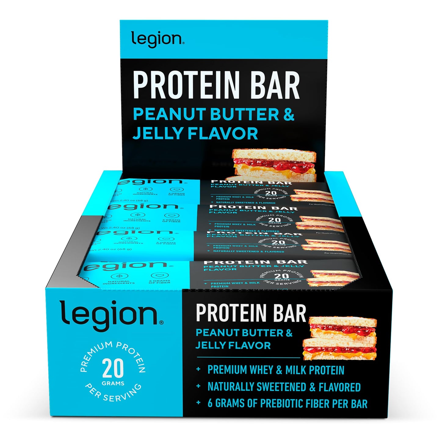 Legion Chocolate Chip Cookie Dough Protein Bar - 100% Whey Protein Bars Low Sugar High Protein with Prebiotic Fiber - Soy-Free, Gluten Free, Naturally Flavored, Low Fat, High Protein Bars (12 Count)