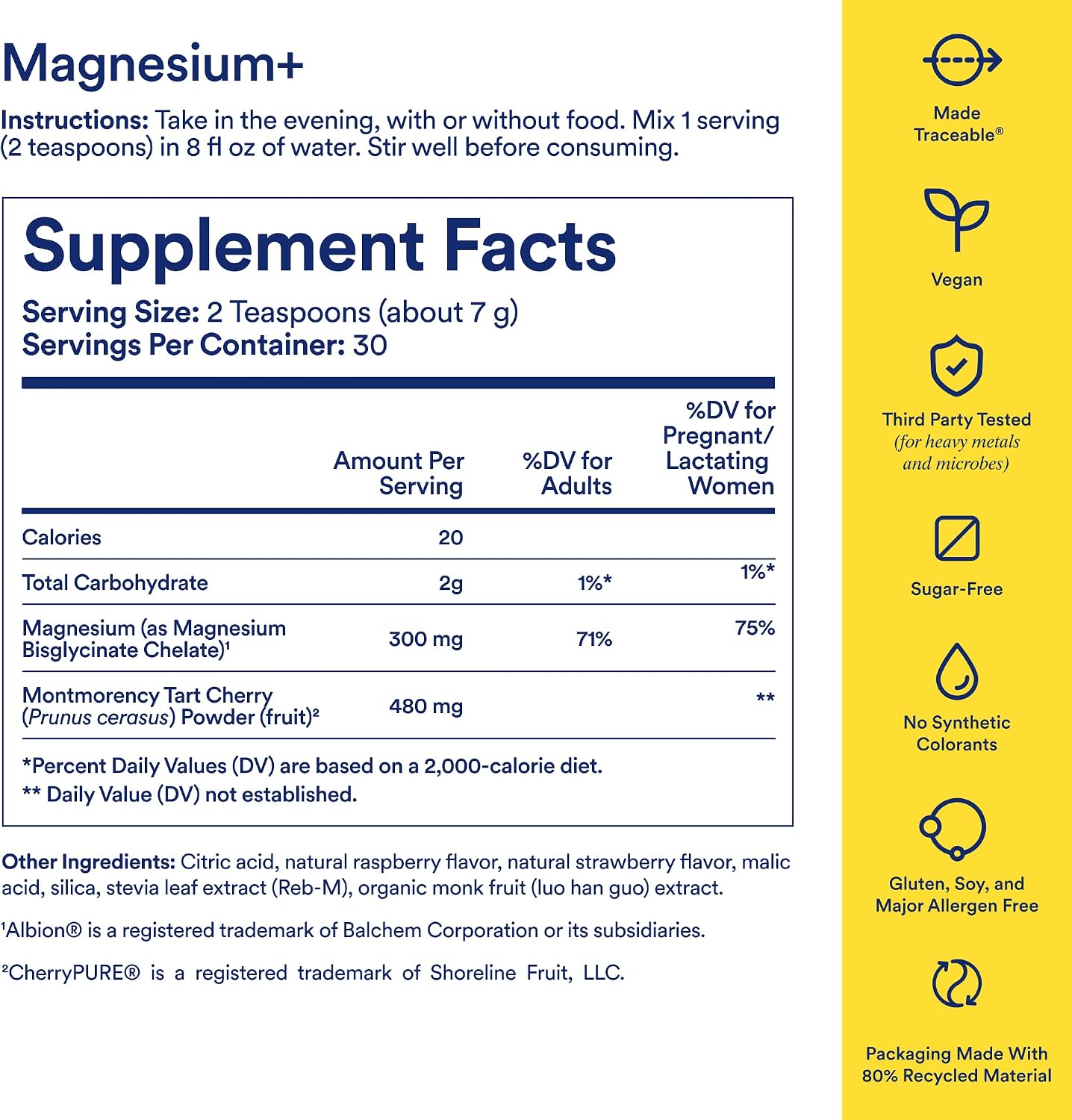 Ritual Magnesium+ Glycinate Drink Mix Supplement - with Tart Cherry to Support Calm, Sleep, Mind, Muscle Relaxation, Recovery and Cramping Relief** - Vegan - Sugar-Free - Berry - 30 Servings