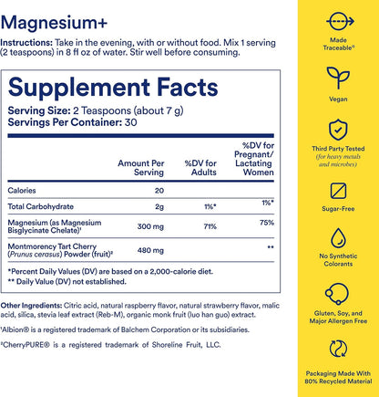 Ritual Magnesium+ Glycinate Drink Mix Supplement - with Tart Cherry to Support Calm, Sleep, Mind, Muscle Relaxation, Recovery and Cramping Relief** - Vegan - Sugar-Free - Berry - 30 Servings