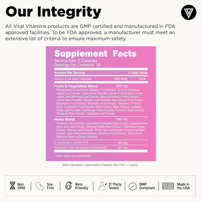 Vital Vitamins Vegan Collagen Booster Supplements, 60 Capsules | Supports Skin, Hair, Nails & Joints, Formulated with 30+ Superfoods, Hyaluronic Acid, Silica & Vitamin A, Non-GMO Gsupps Australia