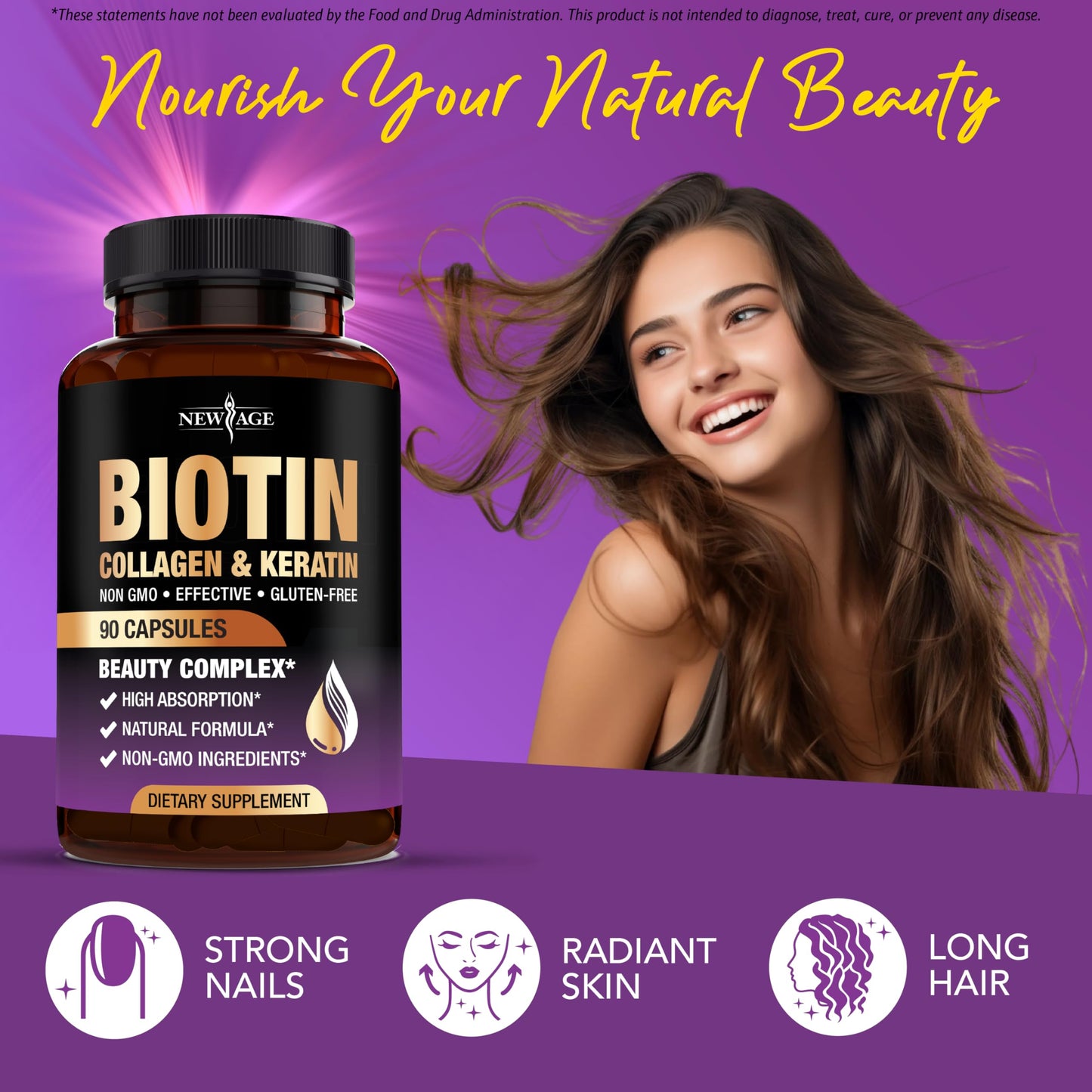 NEW AGE Biotin Collagen Keratin Hyaluronic Acid - 50,000mcg Hair Growth Vitamins for Men and Women, Nails, Hair, Skin Vitamins and DHT Blocker with Vitamin E Folic NEW AGE