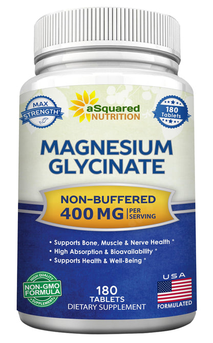 aSquared Nutrition Magnesium Glycinate 400mg - 180 Tablets - Max Strength Magnesium Bisglycinate Supplement -Maximum Bioavailability & Absorption-Non-GMO aSquared Nutrition