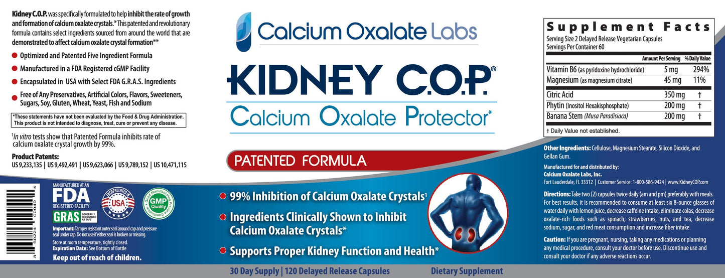 KIDNEY C.O.P. Calcium Oxalate Protector 120 Capsules, Patented Kidney Support for Calcium Oxalate Crystals, Stop Recurrence KIDNEY C.O.P.