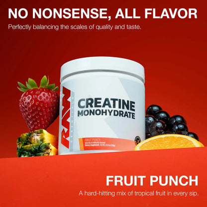 RAW Nutrition Creatine Monohydrate Powder, Fruit Punch (30 Servings) - Micronized Creatine Monohydrate Supplement for Workout Performance, Build Muscle & Strength RAW