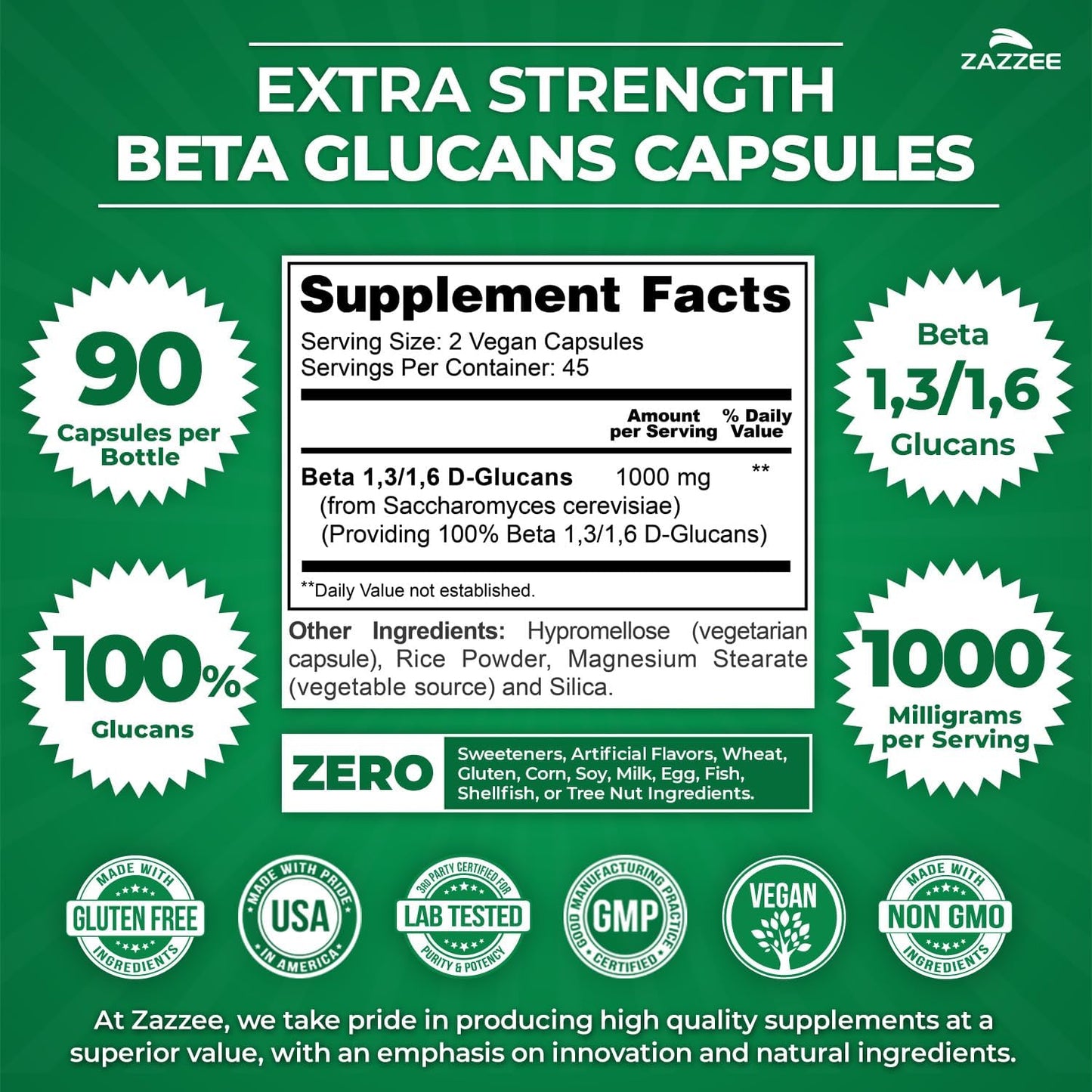 Zazzee Extra Strength 1,3/1,6 Beta Glucans, 1000mg Per Serving, 90 Capsules | Vegan, 100% Concentrated, Healthy Immune System Support, Non-GMO, Made in the USA Gsupps Australia