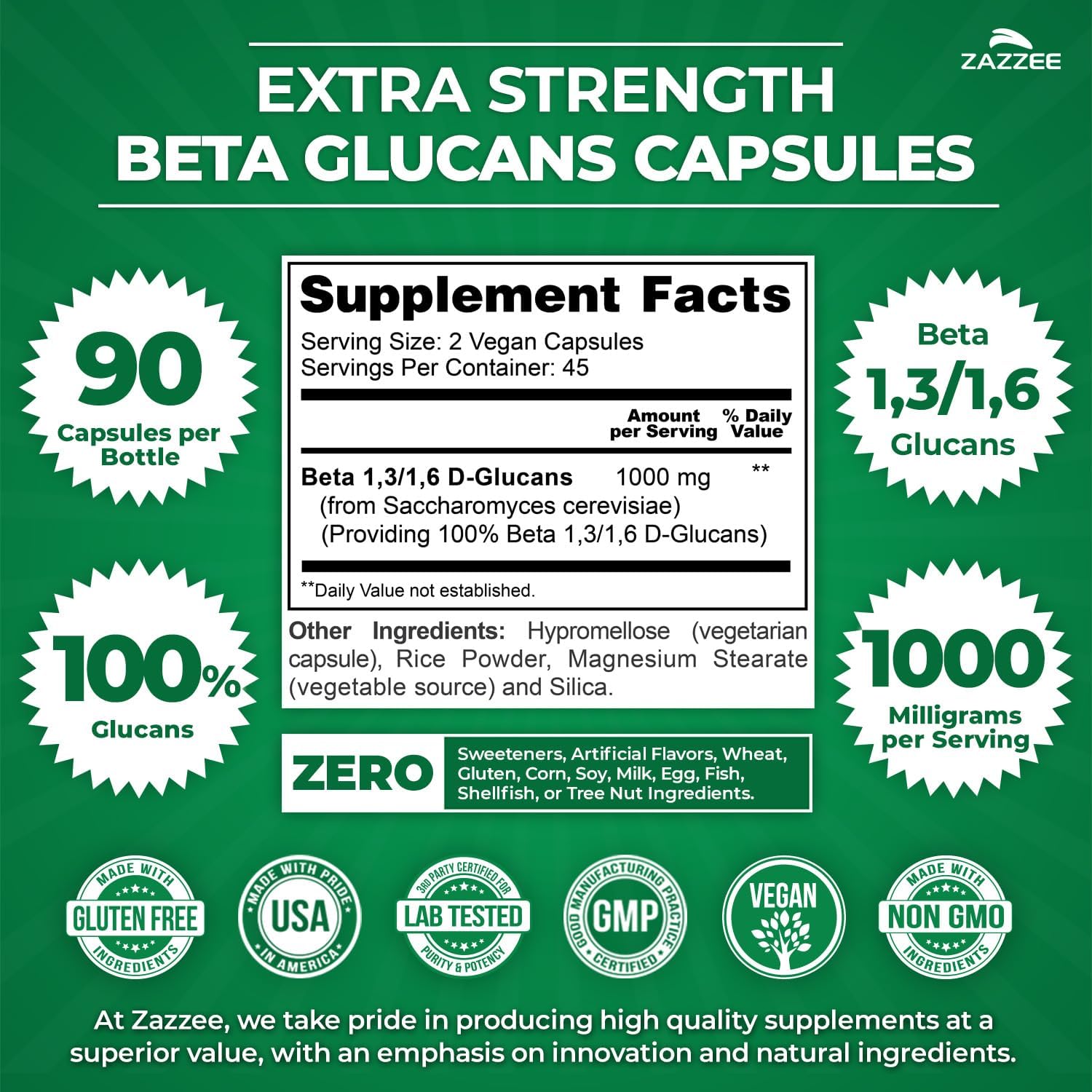 Zazzee Extra Strength 1,3/1,6 Beta Glucans, 1000mg Per Serving, 90 Capsules | Vegan, 100% Concentrated, Healthy Immune System Support, Non-GMO, Made in the USA Gsupps Australia