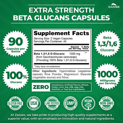 Zazzee Extra Strength 1,3/1,6 Beta Glucans, 1000mg Per Serving, 90 Capsules | Vegan, 100% Concentrated, Healthy Immune System Support, Non-GMO, Made in the USA Gsupps Australia