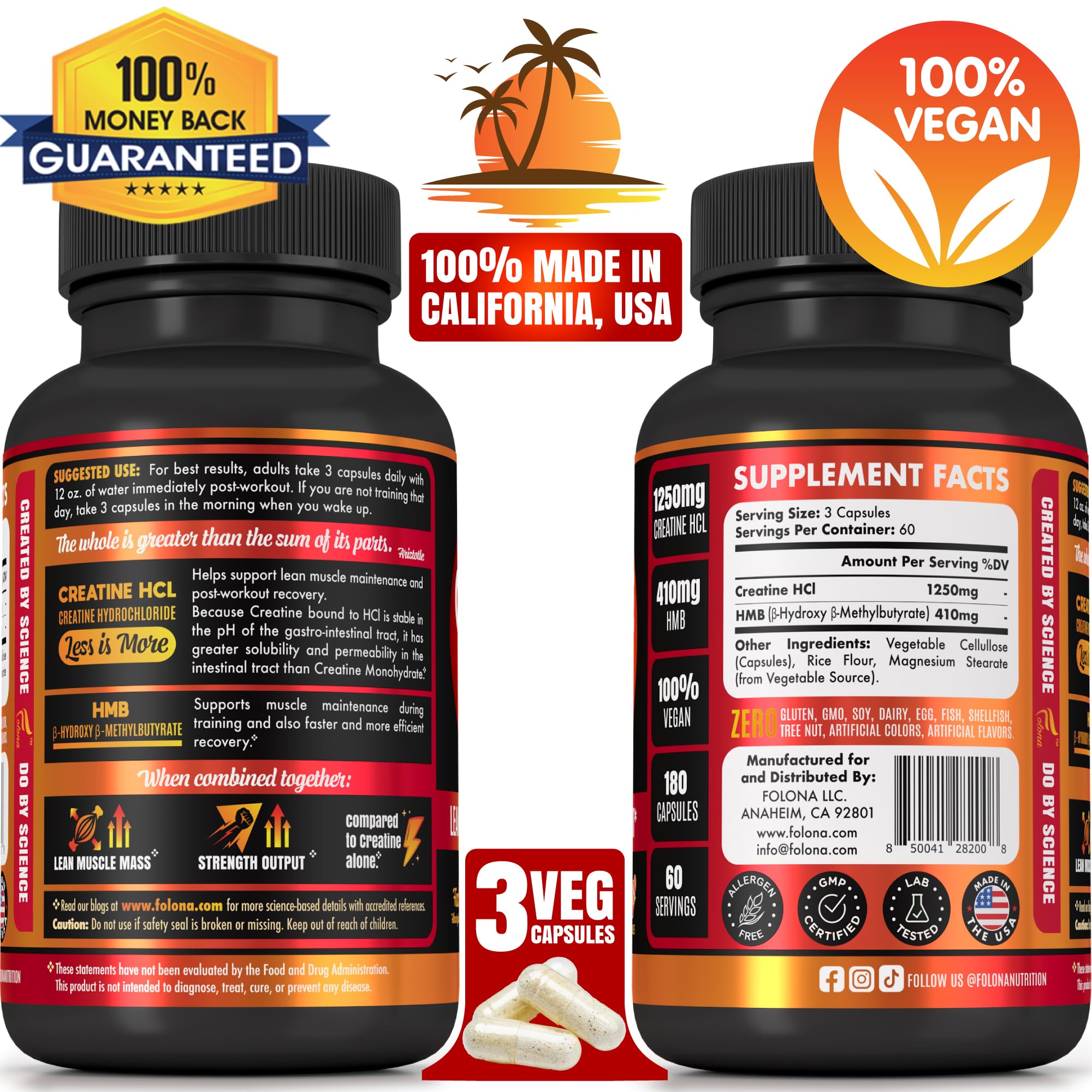 Creatine HCL Capsules with HMB - Workout Supplement for Men & Women, Muscle Builder, Endurance, Strength, Superior to Monohydrate: Instantized for Max Absorption, No Load, No Bloat, 180 Vegan Capsules FOLONA buy australia supplements