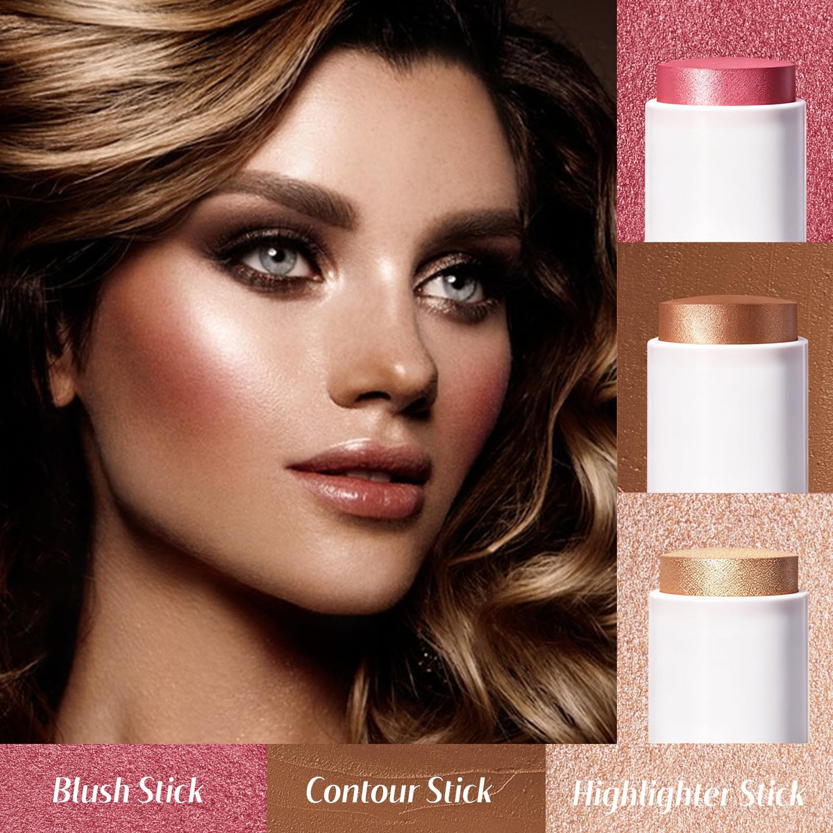 KIMUSE Face Sticks Trio, Blush, Highlighter & Contour Stick for Face Makeup KIMUSE