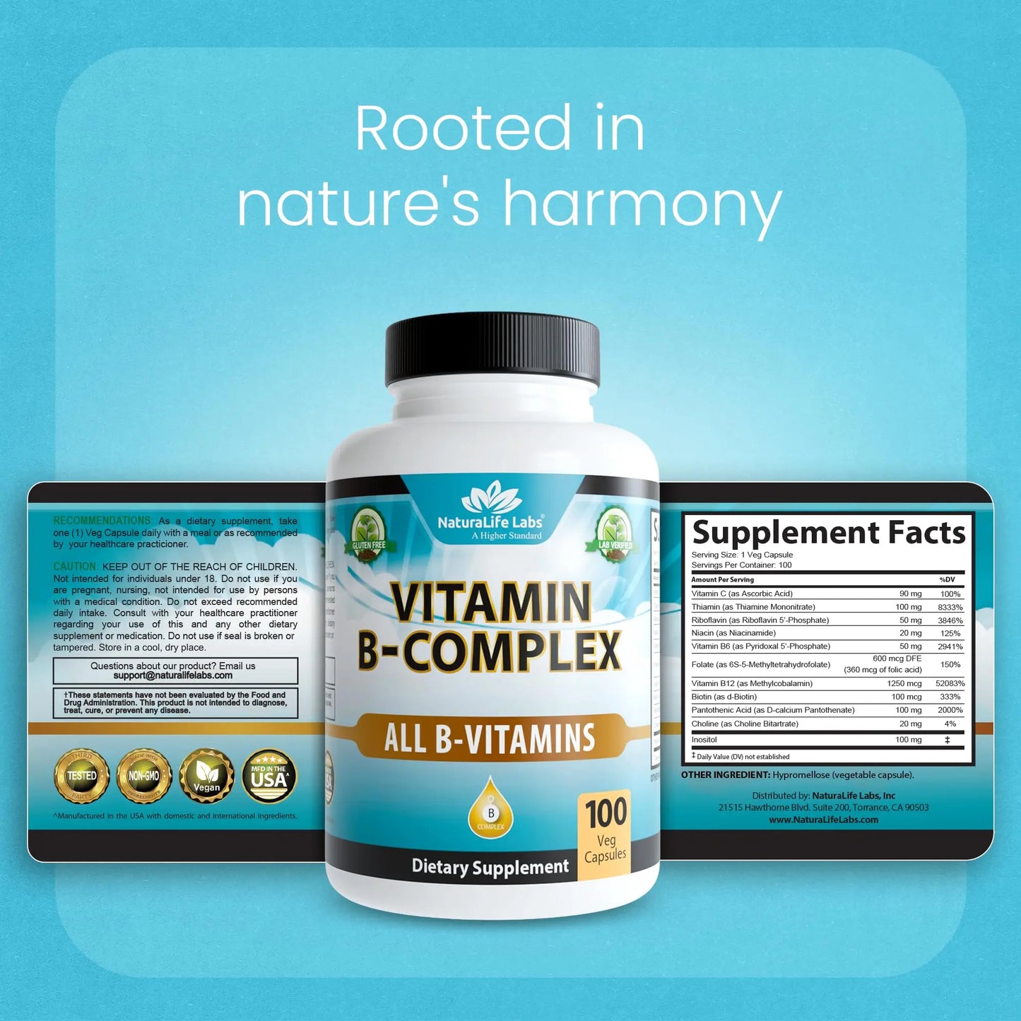 NaturaLife Labs Vitamin B Complex – All B Vitamins Including Active B2, B6, B9 & B12 (Methylcobalamin), Plus B1, B3, B5, B7 & Vitamin C – 100 Capsules NaturaLife Labs