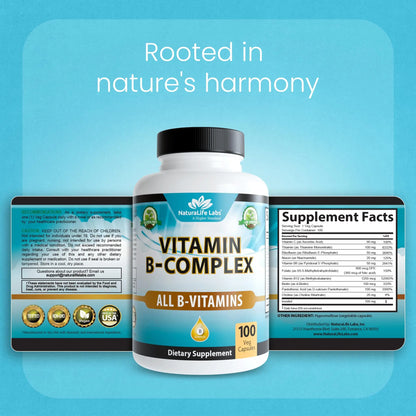 NaturaLife Labs Vitamin B Complex – All B Vitamins Including Active B2, B6, B9 & B12 (Methylcobalamin), Plus B1, B3, B5, B7 & Vitamin C – 100 Capsules NaturaLife Labs
