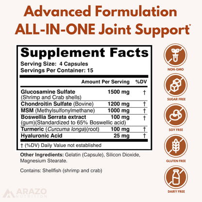 Arazo Nutrition Glucosamine Chondroitin Turmeric Msm Boswellia - Joint Support Supplement for Relief for Bones, Back, Knees, Hands (180 Tablets) Gsupps Australia
