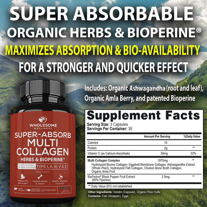 Wholesome Wellness Digestive Enzymes 1000MG Plus Prebiotics & Probiotics Supplement + Super-Absorb Multi Collagen Pills (Type I II III V X) Organic Herbs and Bioperine Bundle Gsupps Australia