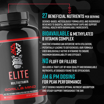 Gorilla Mind Elite Multi-Vitamin (180 Capsules) – Daily Multivitamin Formulated for Peak Performance | 27 Nutrients to Backfill Micronutrient Shortcomings