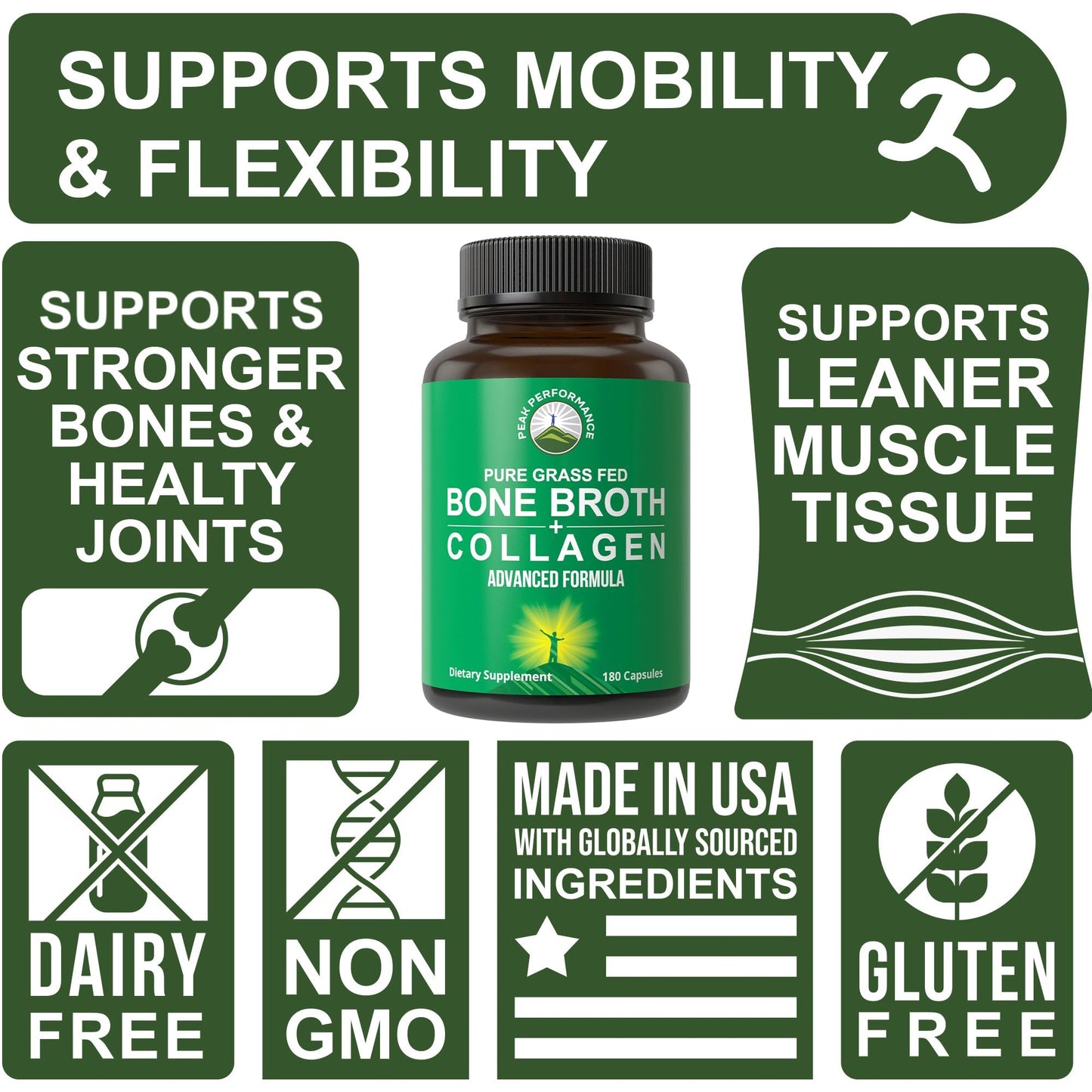 Peak Performance Bone Broth Collagen Capsules - 180 Pills of Grass Fed Bone Broth Collagen Protein Peptides - Contains All 3 Types 1, 2, and 3 - Pure Pasture Peak Performance