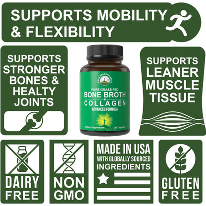 Peak Performance Bone Broth Collagen Capsules - 180 Pills of Grass Fed Bone Broth Collagen Protein Peptides - Contains All 3 Types 1, 2, and 3 - Pure Pasture Peak Performance
