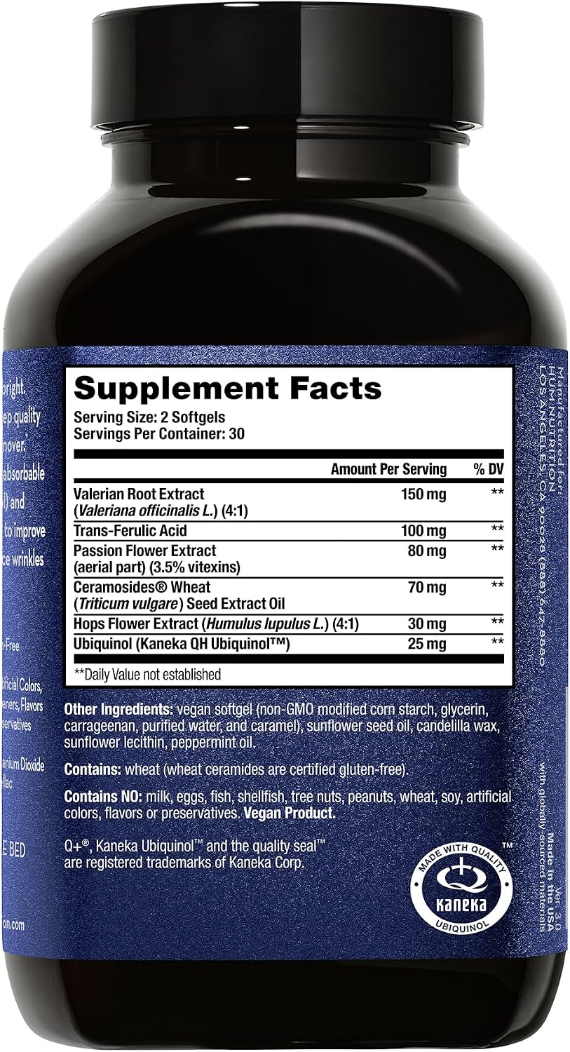 HUM Mighty Night Nighttime Sleep Supplement for Skin Care, CoQ10, Valerian Root & Ferulic Acid to Support Cell Turnover, Skin Vitamins for Women and Men, Overnight Beauty Vitamins, 60 Vegan Softgels