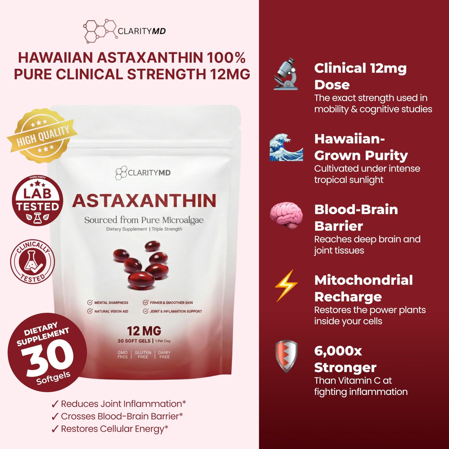 ClarityMD Astaxanthin 12mg Antioxidants Supplement – Natural Microalgae Source – Lipid-Based Softgel for Enhanced Absorption – Cognitive ClarityMD
