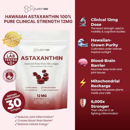 ClarityMD Astaxanthin 12mg Antioxidants Supplement – Natural Microalgae Source – Lipid-Based Softgel for Enhanced Absorption – Cognitive ClarityMD